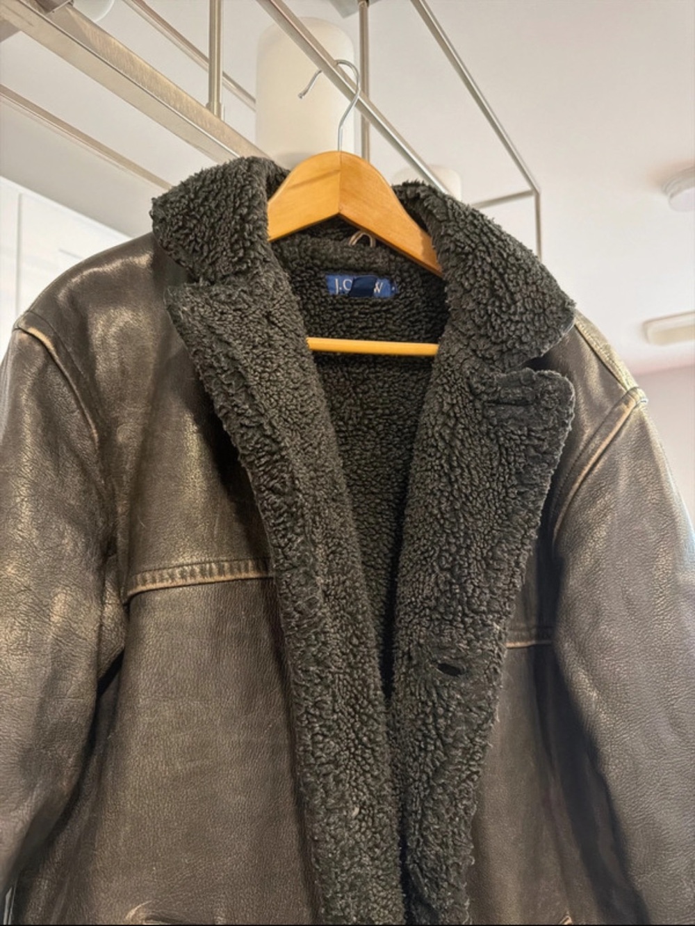 J. Crew Men's Black Leather Bomber with Shearling Lining